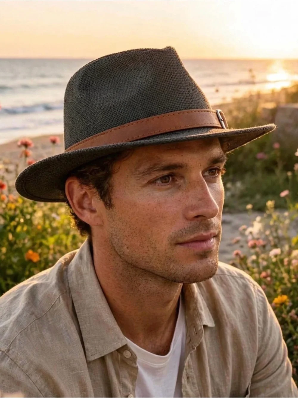 Men's Dark Gray Fedora Hat with Brown Leather Band